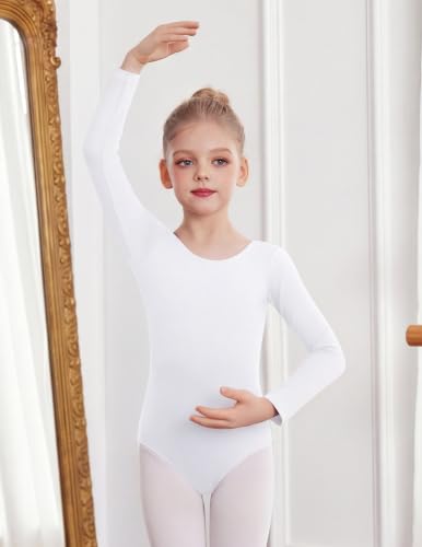Girls Long Sleeve Ballet Leotard for Dance Gymnastics - White 6-7 Years