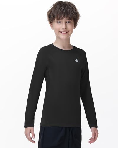 Runhit Youth Boys Compression Shirt Long Sleeve Athletic Undershirt - Large Black UPF 50+