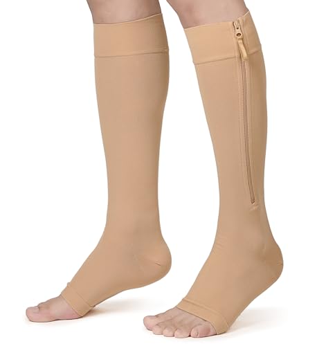 Unisex Compression Socks with Zipper - Open Toe, Medium / Beige, 20-30 mmHg
