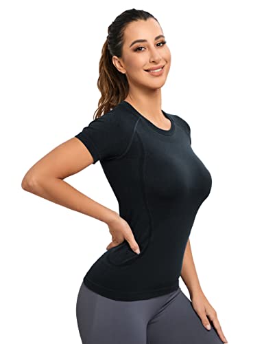 MathCat Women's Compression Workout Shirts Black & White XL - Soft Seamless Gym Top for Running