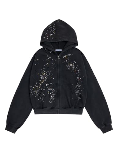 Unisex Oversized Zip Up Hoodie - Black Medium Rhinestone Star Jacket