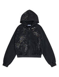 Unisex Oversized Zip Up Hoodie - Black Medium Rhinestone Star Jacket