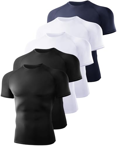 Men's Short Sleeve Compression Shirt 5 Pack - Workout Moisture Wicking Base Layer - Large, Black/White/Navy