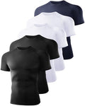 Men's Short Sleeve Compression Shirt 5 Pack - Workout Moisture Wicking Base Layer - Large, Black/White/Navy