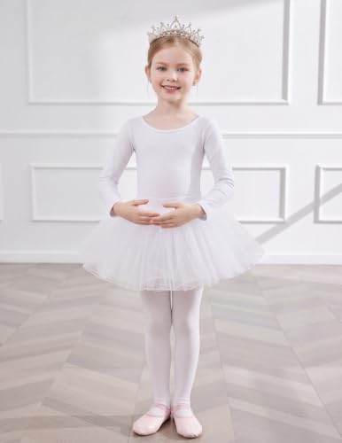 Girls Long Sleeve Ballet Leotard for Dance Gymnastics - White 6-7 Years