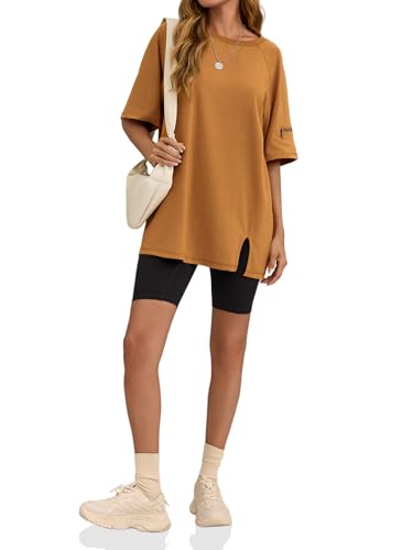Tankaneo Womens Oversized Workout T-Shirt - Medium Camel