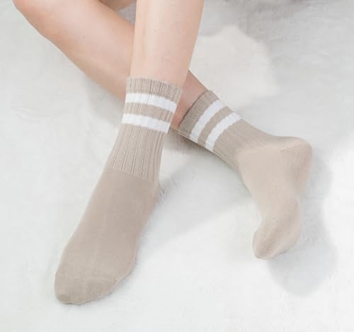 BomKinta Women's Striped Crew Socks 6 Pairs - Retro Above Ankle Cotton Socks, Size 5-10