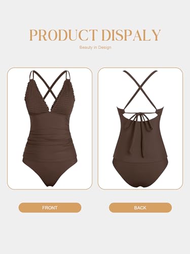 Women's Tankini Swimsuit Set - Smocked 2-Piece Bathing Suit, Large Brown