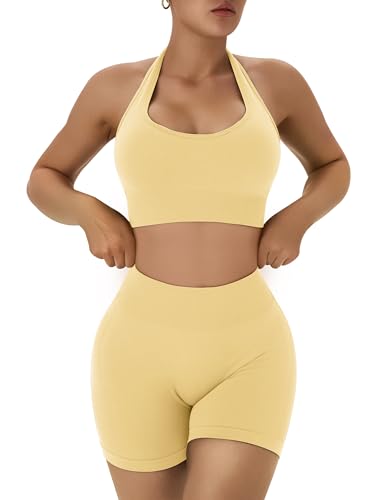 Women’s Workout Sets 2 Piece Halter Sports Bra & Scrunch Butt Shorts - Yellow Medium