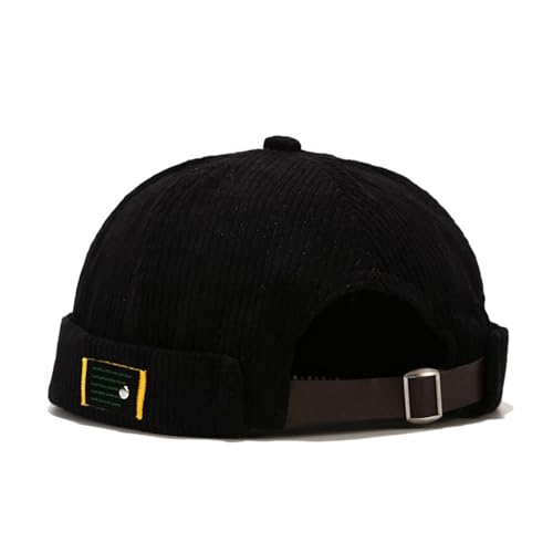 Mens Corduroy Black Skullcap Beanie Hat - Rolled Cuff Retro Sailor Cap