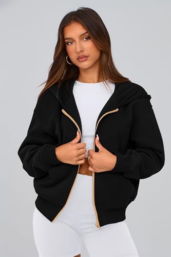 PRETTYGARDEN Women's Fleece Hoodies - Medium Black Fall Zip Up Sweatshirt