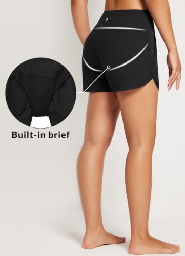 High Waisted Swim Shorts with Pockets - 3 Inch Inseam, Large, Black