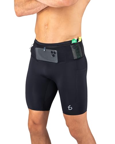FlipBelt Men's Running Compression Shorts with Built-In Belt - Medium, Ouray Black