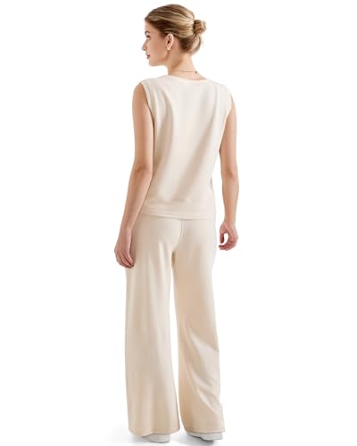 Women’s 2-Piece Lounge Set - Wide Leg Sweatpants & Sleeveless Top, Medium Apricot