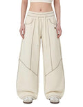 Aelfric Eden Large Beige Baggy Barrel Sweatpants for Women High Waist Wide Leg