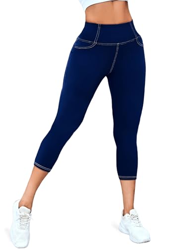 VOOVEEYA High Waisted Yoga Leggings with Back Pockets - Capri Navy Blue, 19 Inseam