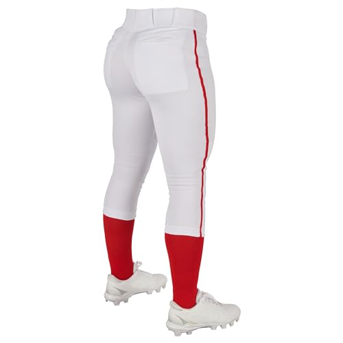 Girls Softball Pants with Braid - Large White & Scarlet Pipe, Low-Rise