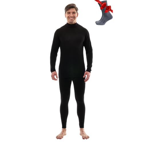 Men's Merino Wool Base Layer Set - Large Black Thermal Turtleneck & Socks
