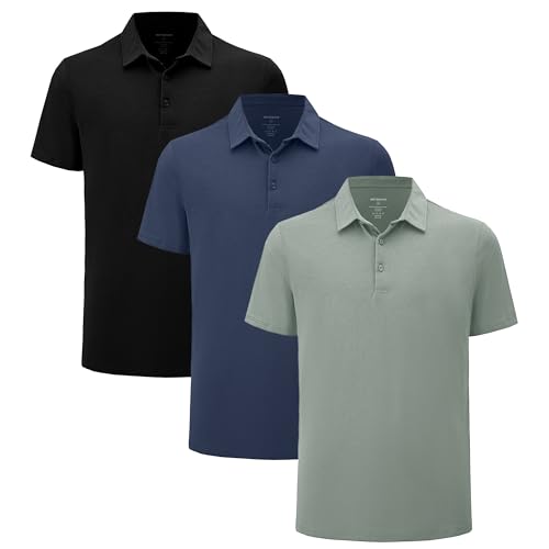 Men's Ultra Soft Bamboo Viscose Polo Shirt - Curved Hem, 3-Pack, Large, Black/Pacific Blue/Sage