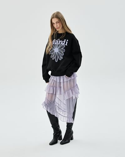 Women's FLOWERMARDI Sweatshirt Black Lightpurple One Size Cotton Crewneck