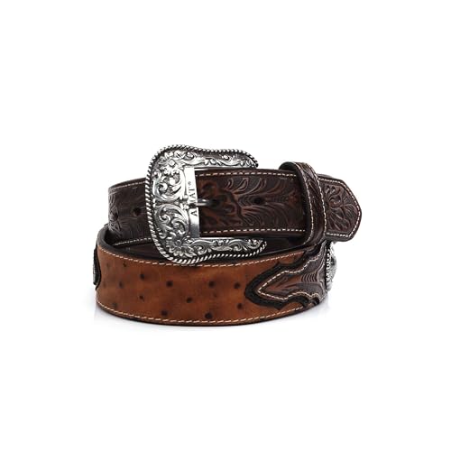 ARIAT Men's Faux Ostrich Leather Belt with Floral Emboss and Silver Conchos - Brown 32