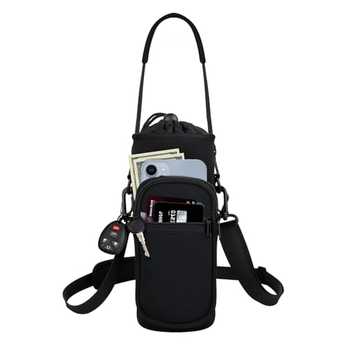Crossbody Water Bottle Holder with Strap & Phone Pocket - Black, 40 Ounces