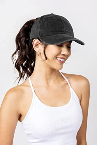 Medium Black Ponytail Baseball Cap Distressed Retro Washed for Women