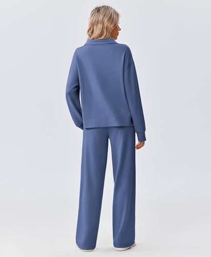PINSPARK 2 Piece Women’s 1/2 Zip Sweatsuit Set Fall Matching Outfit - Petite / Large / Dark Blue