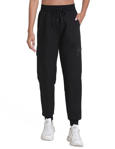 Women's Lightweight Cargo Hiking Pants with Pockets - Large, Dark Black, Elastic Leg Openings