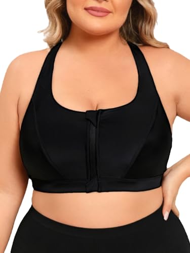 Women's Sports Bra Bikini Top for Large Bust Push Up Swimwear with Front Zipper - 3X-Large Black