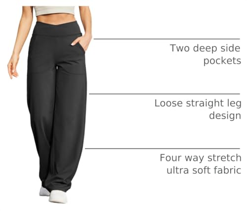 G4Free Wide Leg Yoga Pants for Women with Pockets - 31 Inch Inseam, Black, Medium