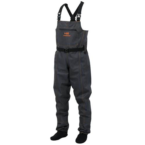 Men's Breathable Waterproof Denim Waders - Large, Stocking Foot, Black for Fishing & Hunting