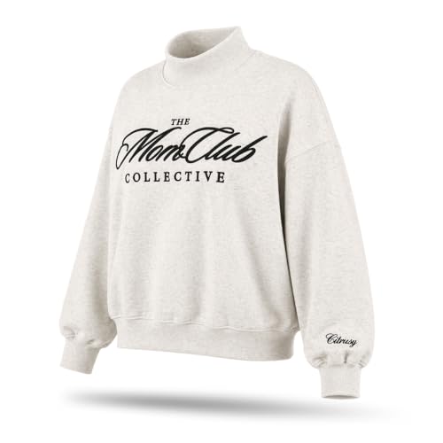 CITRUSY Mom Club Oversized Mockneck Sweatshirt Large-X-Large Oat | Turtleneck Mama Top