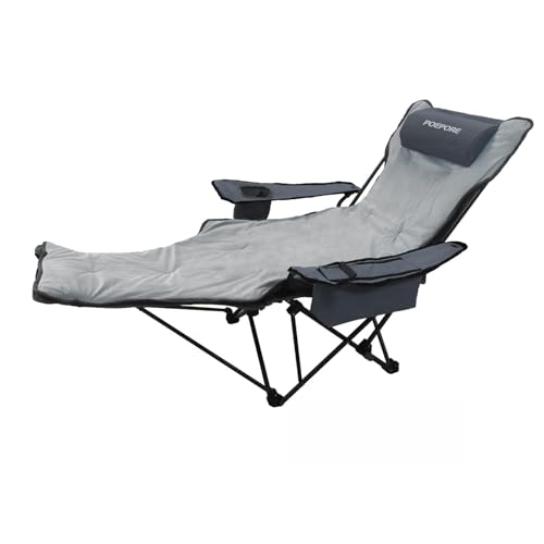POEPORE Grey 4-Position Reclining Camping Chair with Footrest & Cooler Bag