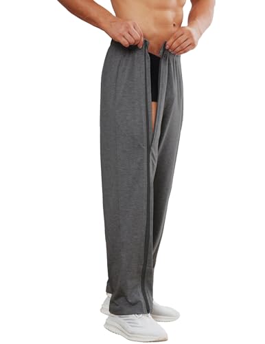 Men's Tear Away Full Zipper Sweatpants Open Bottom Post Surgery Dark Grey XL