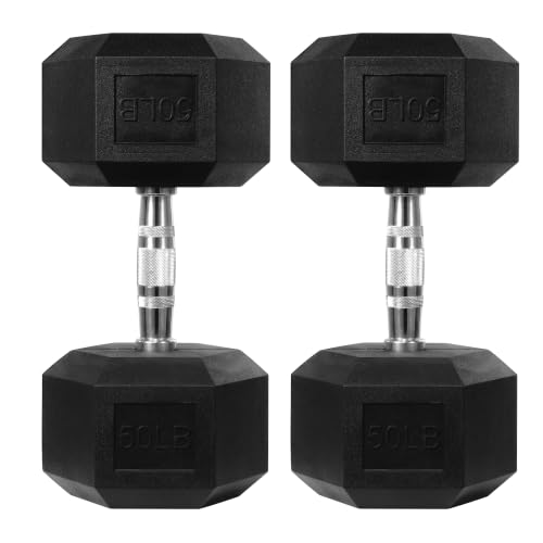 HulkFit 50 lb Rubber Coated Hex Dumbbells Set of 2 – Non-Slip Hand Weights for Home Gym