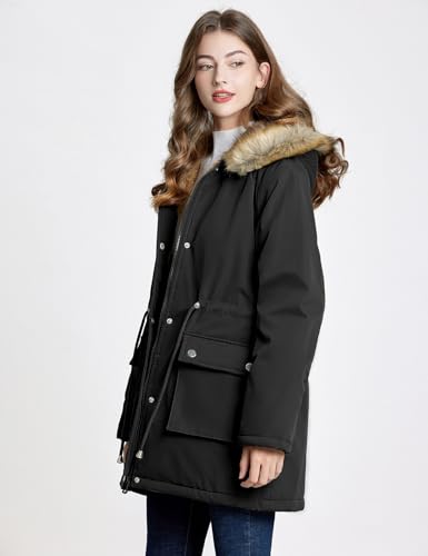 Women Winter Coat with Fleece Lining & Faux Fur Hood - Large, Black