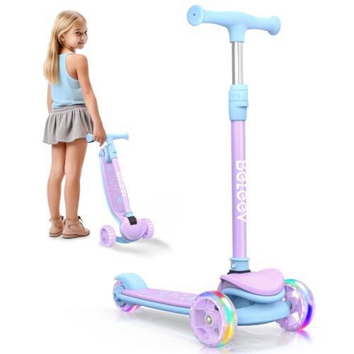 Purple Kids' 3 Wheel Folding Scooter with LED Light-Up Wheels, Adjustable Height