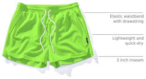 Men's Mesh Running Shorts 3 Inch Quick Dry Gym Shorts with Pockets - Large Neongreen