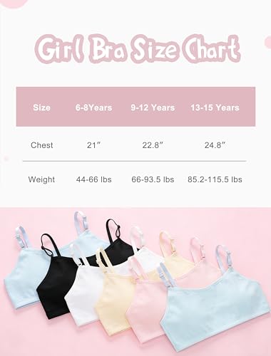 Girls' Training Cotton Sports Bra with Adjustable Spaghetti Straps - Pink, Skin, White, Black, 9-12 Years
