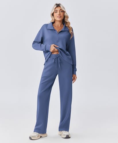 PINSPARK 2 Piece Women’s 1/2 Zip Sweatsuit Set Fall Matching Outfit - Petite / Large / Dark Blue