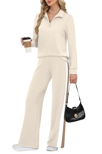 Women 2 Piece Lounge Set - Small Beige Travel Sweatsuits Wide Leg Pants