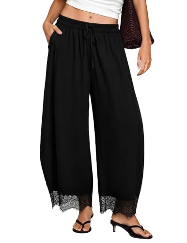 X-Large Lace Cropped Pants for Women Summer Casual Wide Leg Beach Trousers Black