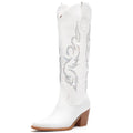 Platikly Women's Creamy White Cowboy Boots - Wide Calf Rhinestone Tall Western Boots, Side Zipper, Embroidery, Glitter Sparkle, Retro Cowgirl Footwear