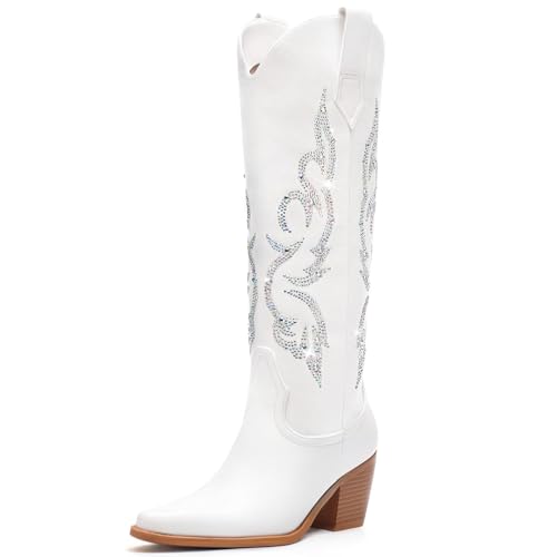 Platikly Women's Creamy White Cowboy Boots - Wide Calf Rhinestone Tall Western Boots, Side Zipper, Embroidery, Glitter Sparkle, Retro Cowgirl Footwear