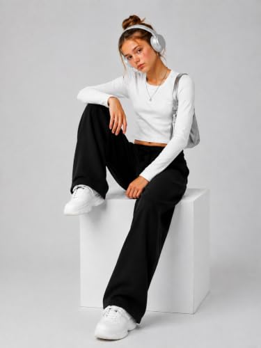 Teen Girls Wide Leg Sweatpants 2 Pack with Pockets High Waist Baggy Pants - Black & Grey 15-16 Years