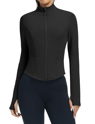Women's Cropped Athletic Jacket Long Sleeve Workout Top Black Small
