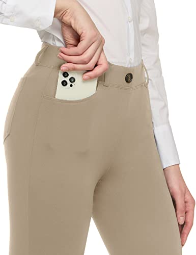 Women's Yoga & Dress Pants - Medium Petite Khaki Business Casual Slacks with 4 Pockets