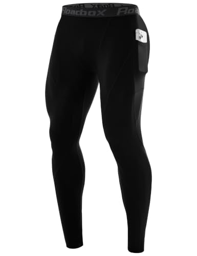 Roadbox Men's Compression Pants with Pockets - Black, Large, Workout Leggings