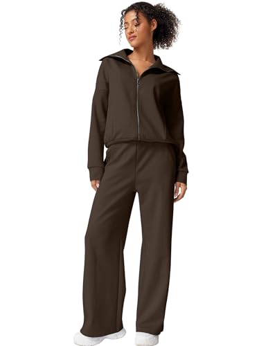 Women's Cotton 2 Piece Sweatshirt & Wide Leg Pants Tracksuit Set - Large / Brown